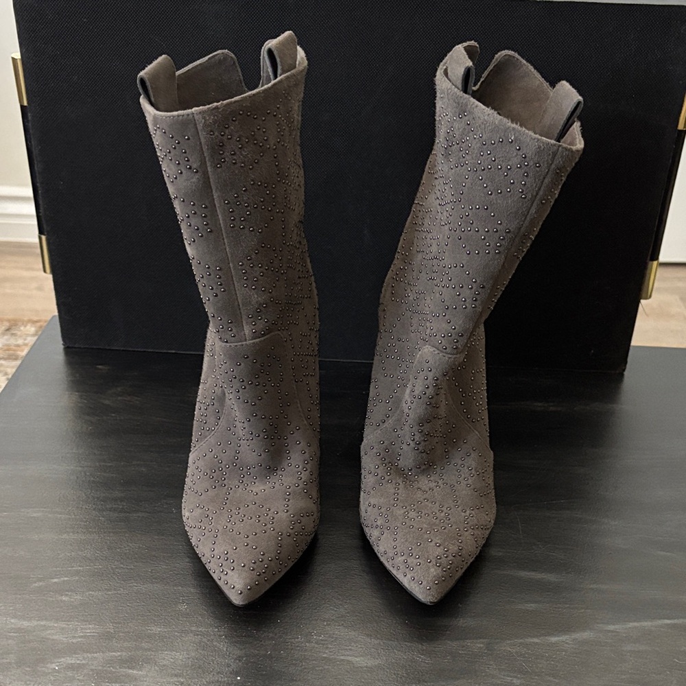 Vince Camuto Gray Suede Studded Pointed-Toe Ankle Boots